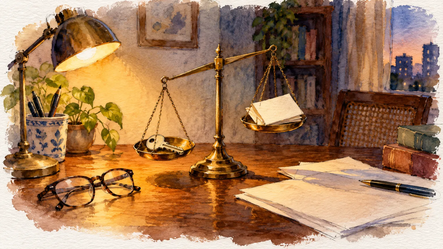 Watercolour illustration of a balance scale weighing a house key against a folded deed