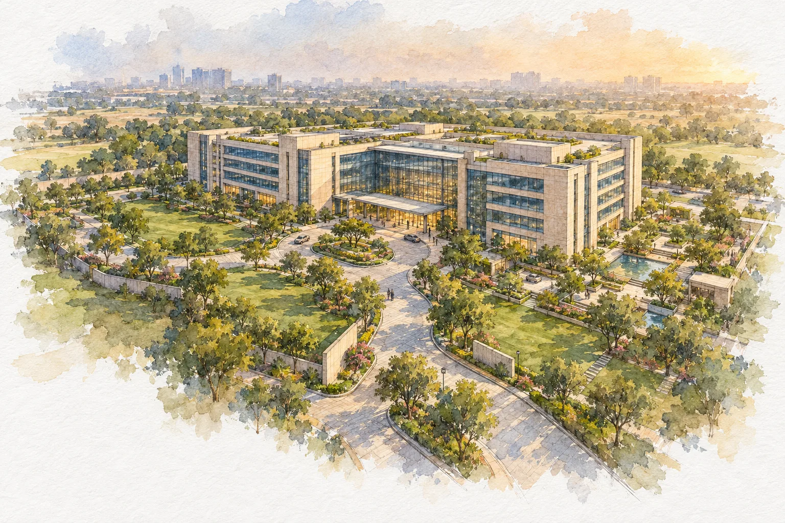 Watercolour illustration of Candor TechSpace Sector 21 (not the actual project)