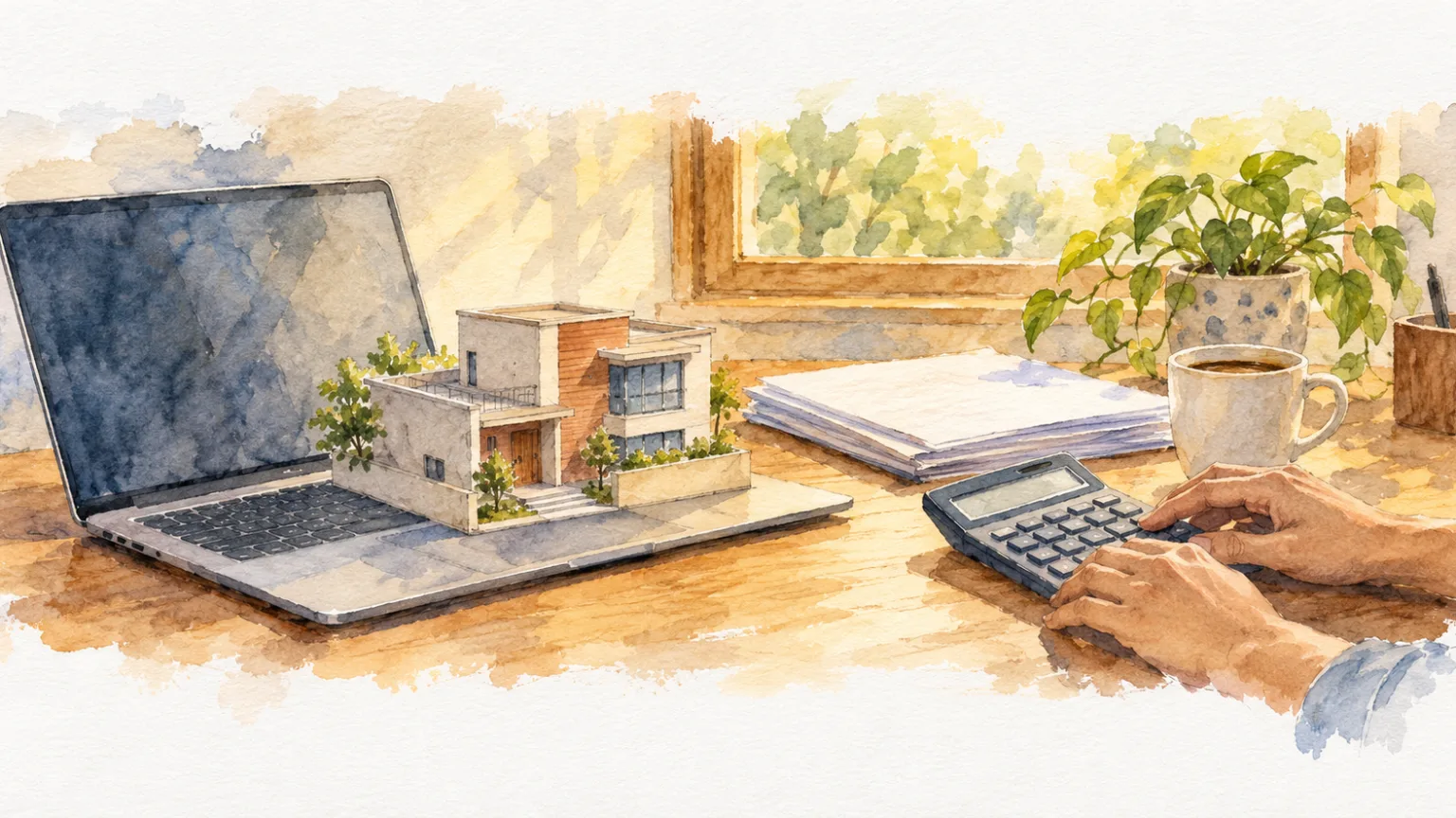 Watercolour illustration of a model house, laptop, calculator and papers on a desk for tax planning