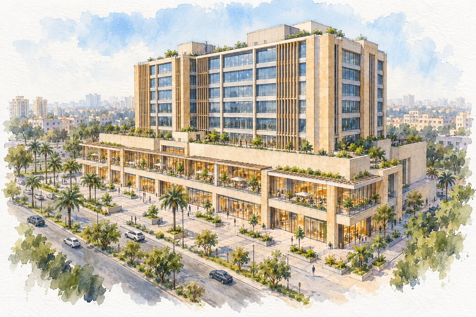 Watercolour illustration of Centrade Business Park (not the actual project)
