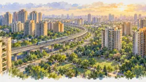 Watercolour illustration of a dense high-rise belt with a metro viaduct curving through