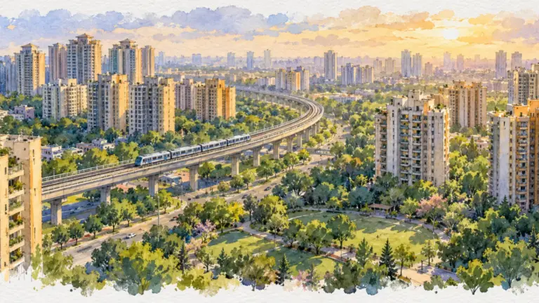 Watercolour illustration of a dense high-rise belt with a metro viaduct curving through
