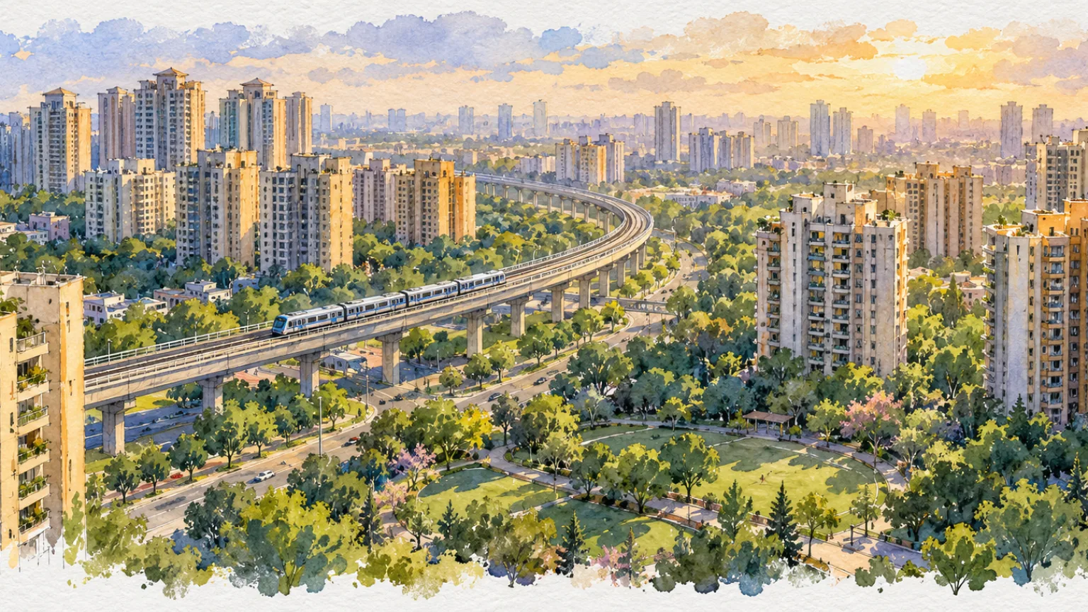 Watercolour illustration of a dense high-rise belt with a metro viaduct curving through