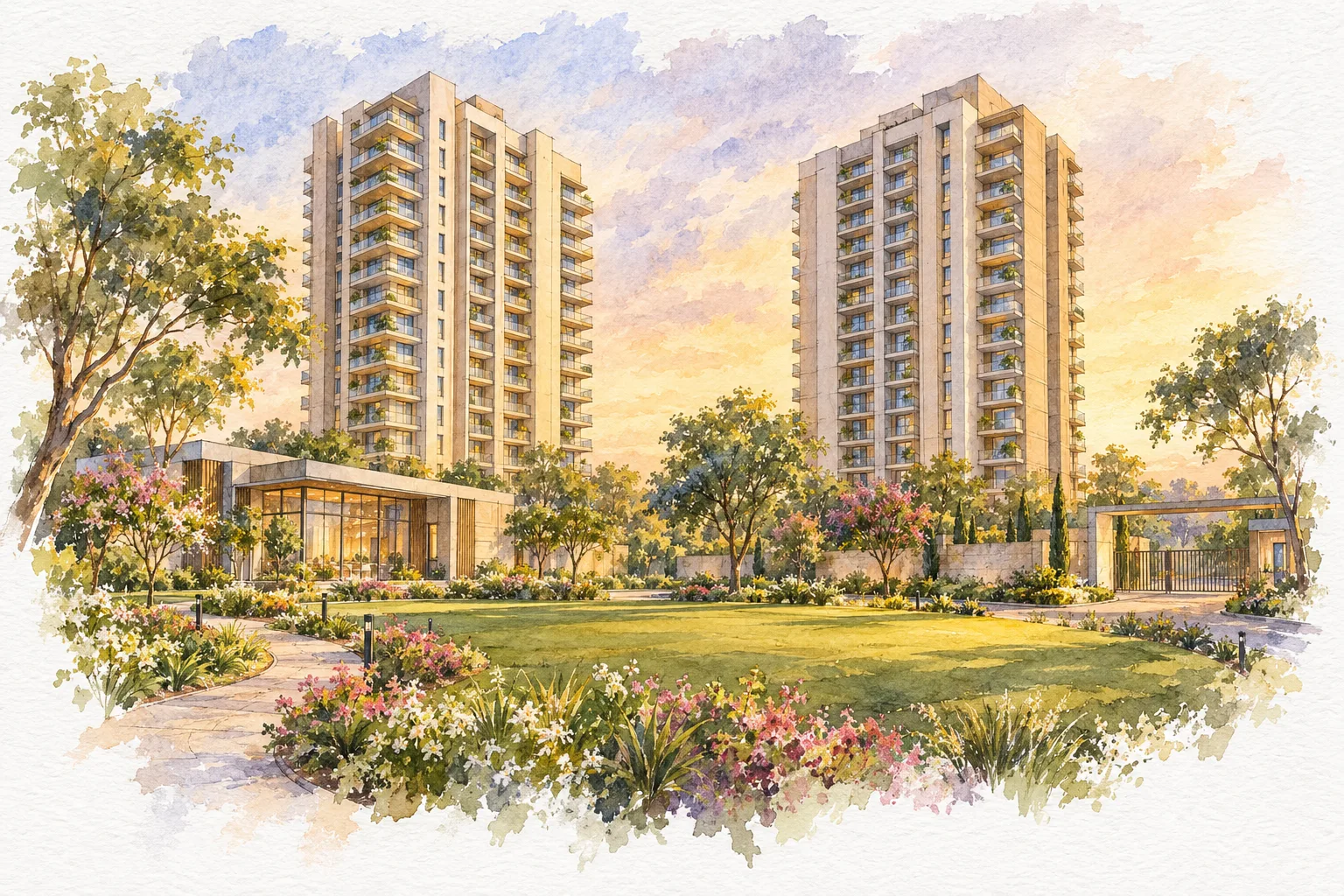 Watercolour illustration of Central Park Bignonia Towers (not the actual project)