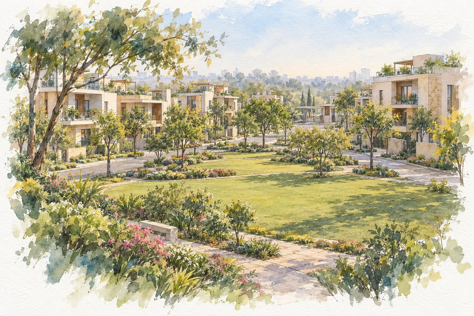 Watercolour illustration of Central Park Flower Valley Floors and Villas (not the actual project)