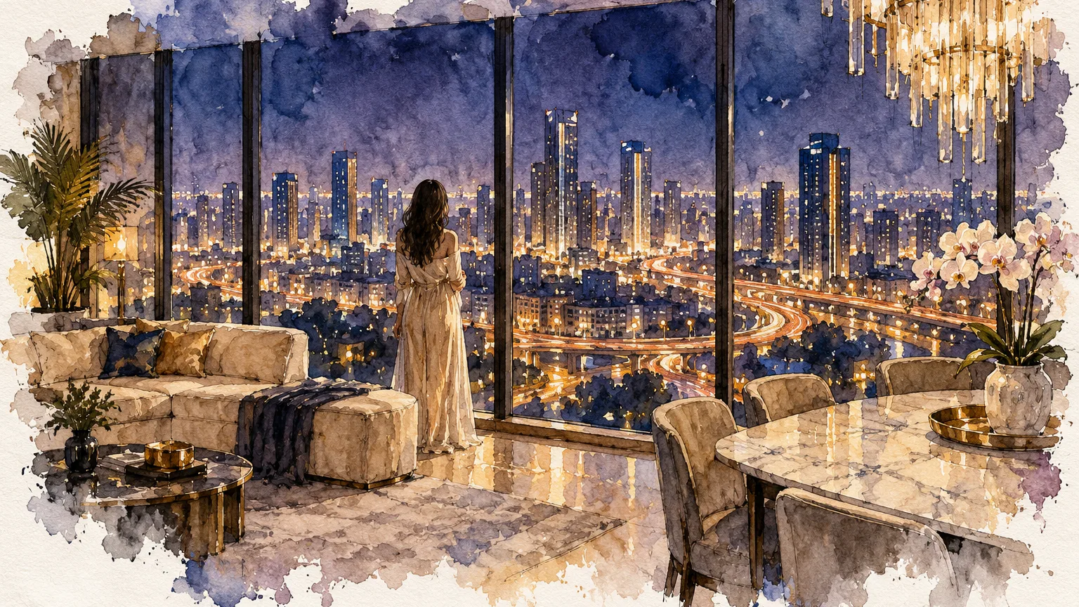 Watercolour illustration of a luxury flat at night with floor-to-ceiling windows over the skyline