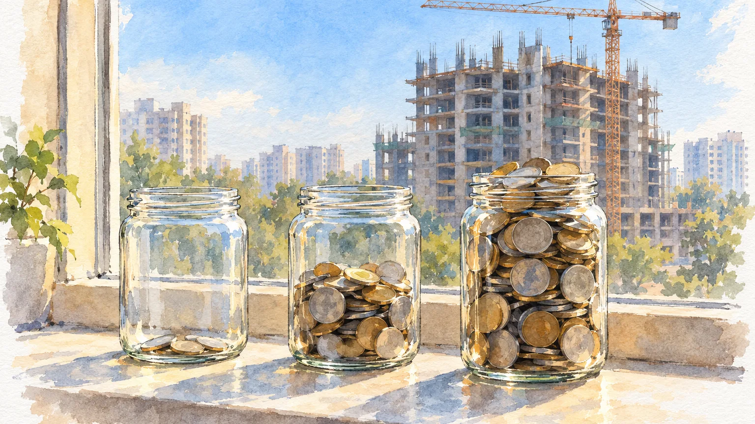 Watercolour illustration of three coin jars on a windowsill before a tower under construction