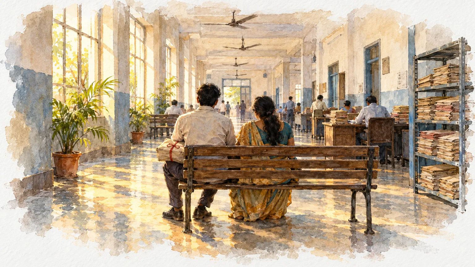 Watercolour illustration of a couple waiting on a bench in a sunlit registry office corridor with a file