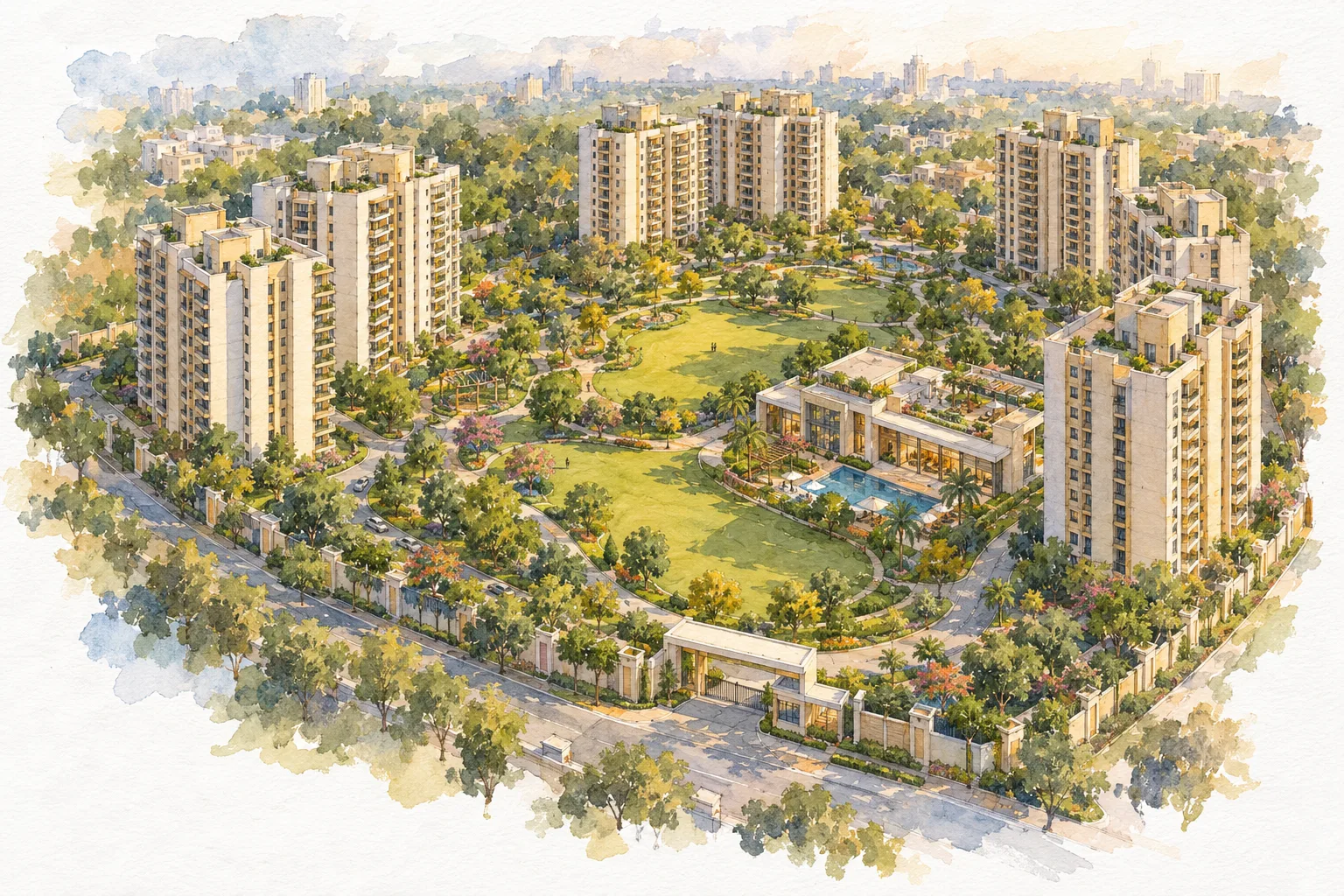 Watercolour illustration of DDA Dwarka Sector 14 Pocket 5 (not the actual project)