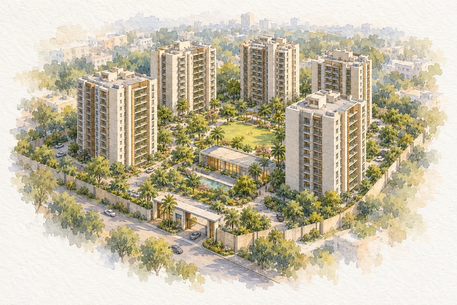 Watercolour illustration of DDA Dwarka Sector 16B MIG Flats (not the actual project)