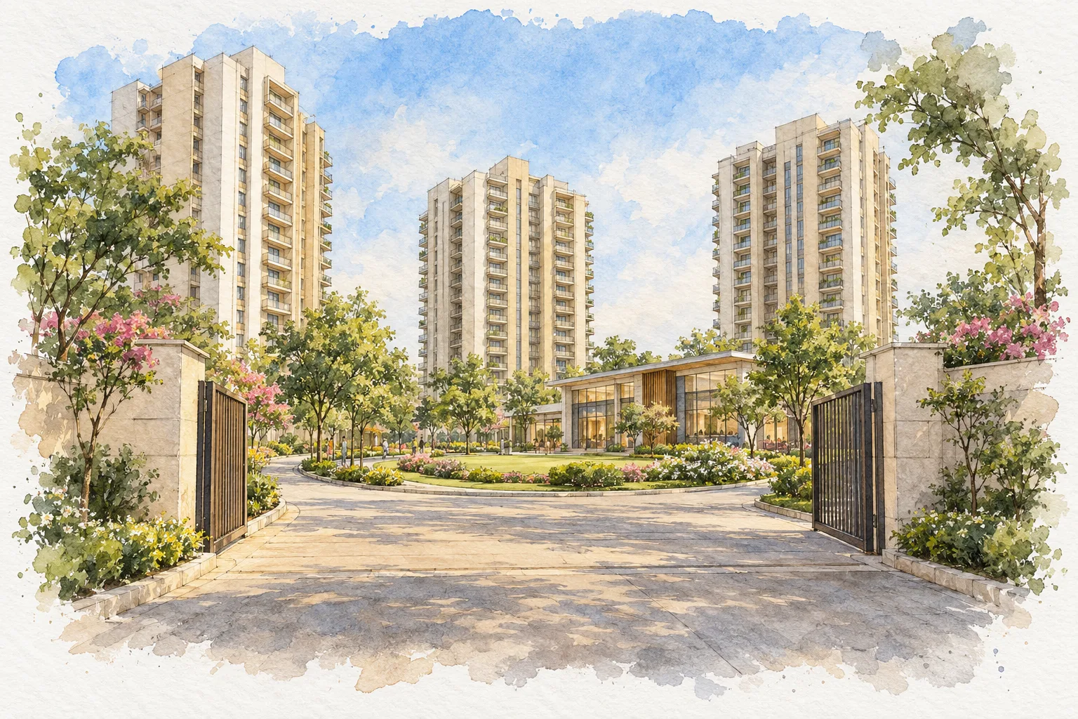 Watercolour illustration of DDA Dwarka Sector 19B Two-Bedroom Apartments (not the actual project)
