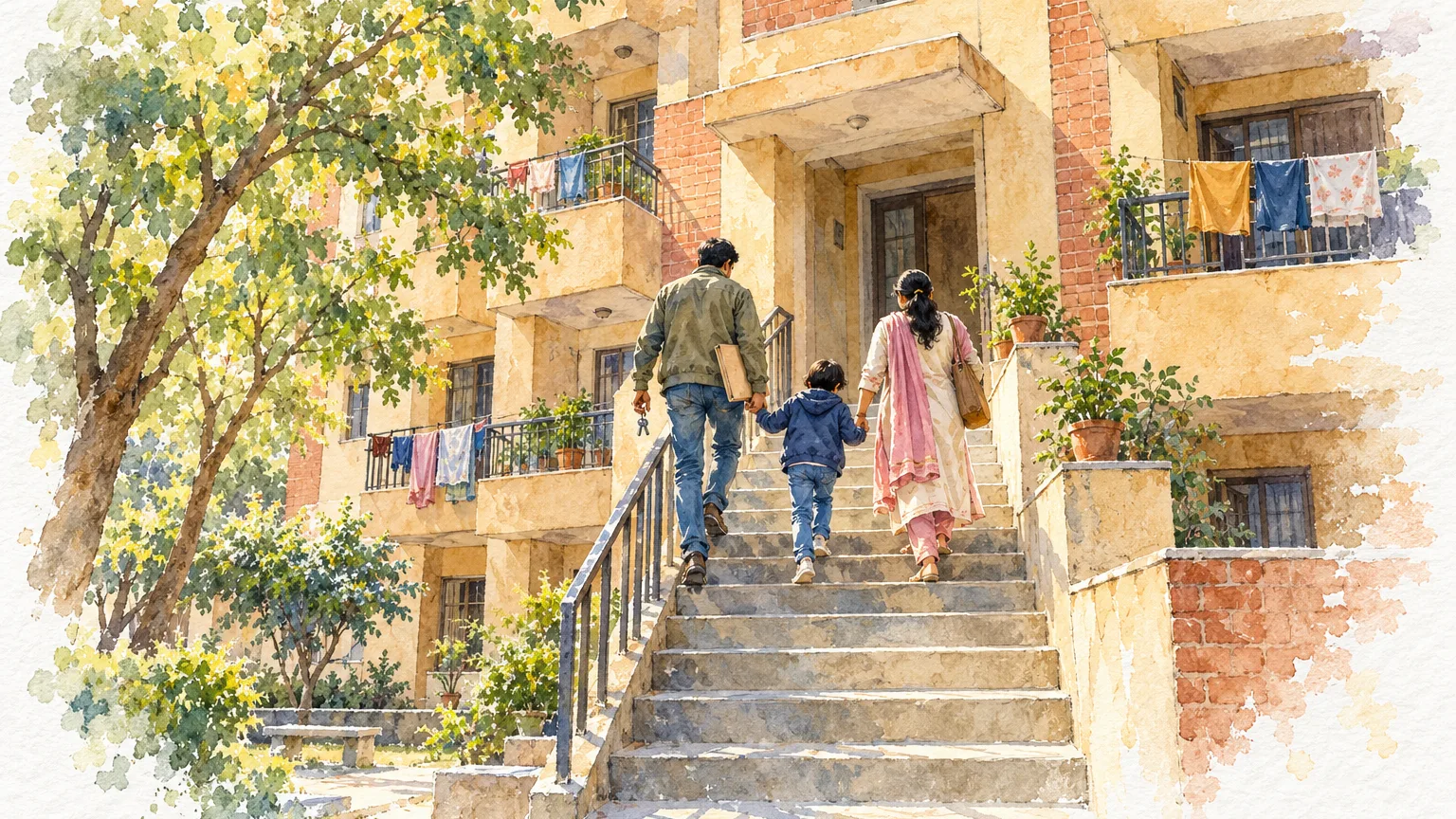 Watercolour illustration of a family climbing the stairs of a pastel housing block with new keys