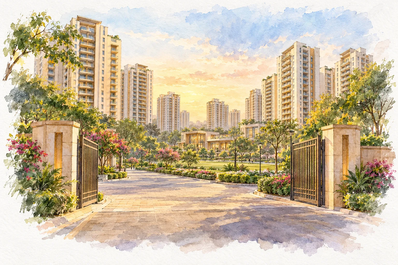 Watercolour illustration of DDA Golf View Condo Dwarka Sector 19B (not the actual project)