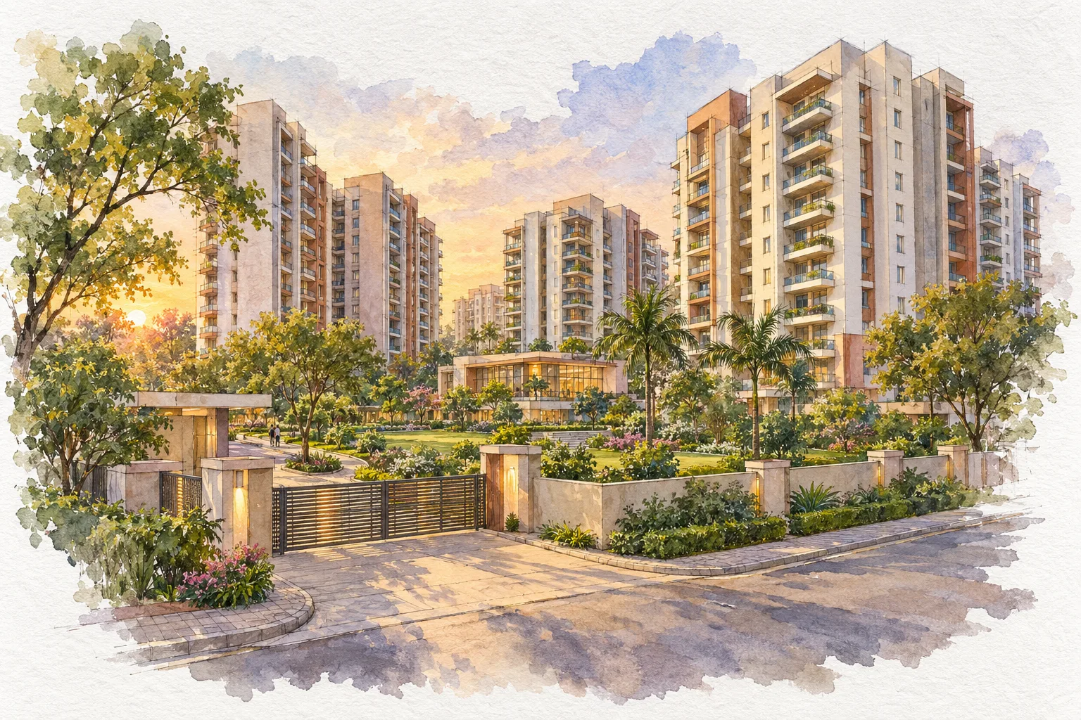 Watercolour illustration of DDA Jasola Pocket 9B (not the actual project)