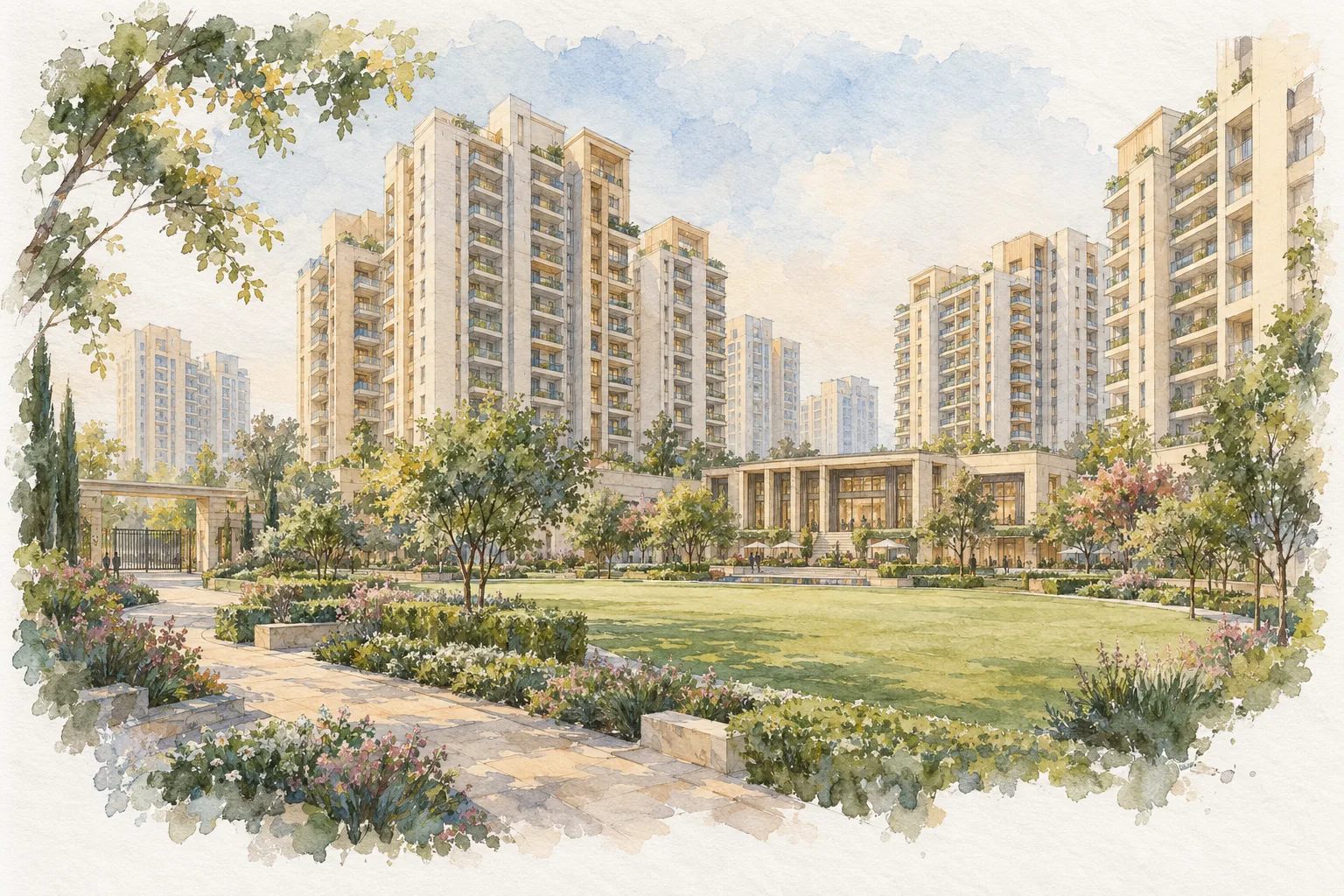 Watercolour illustration of DDA Loknayakpuram Pocket E (not the actual project)