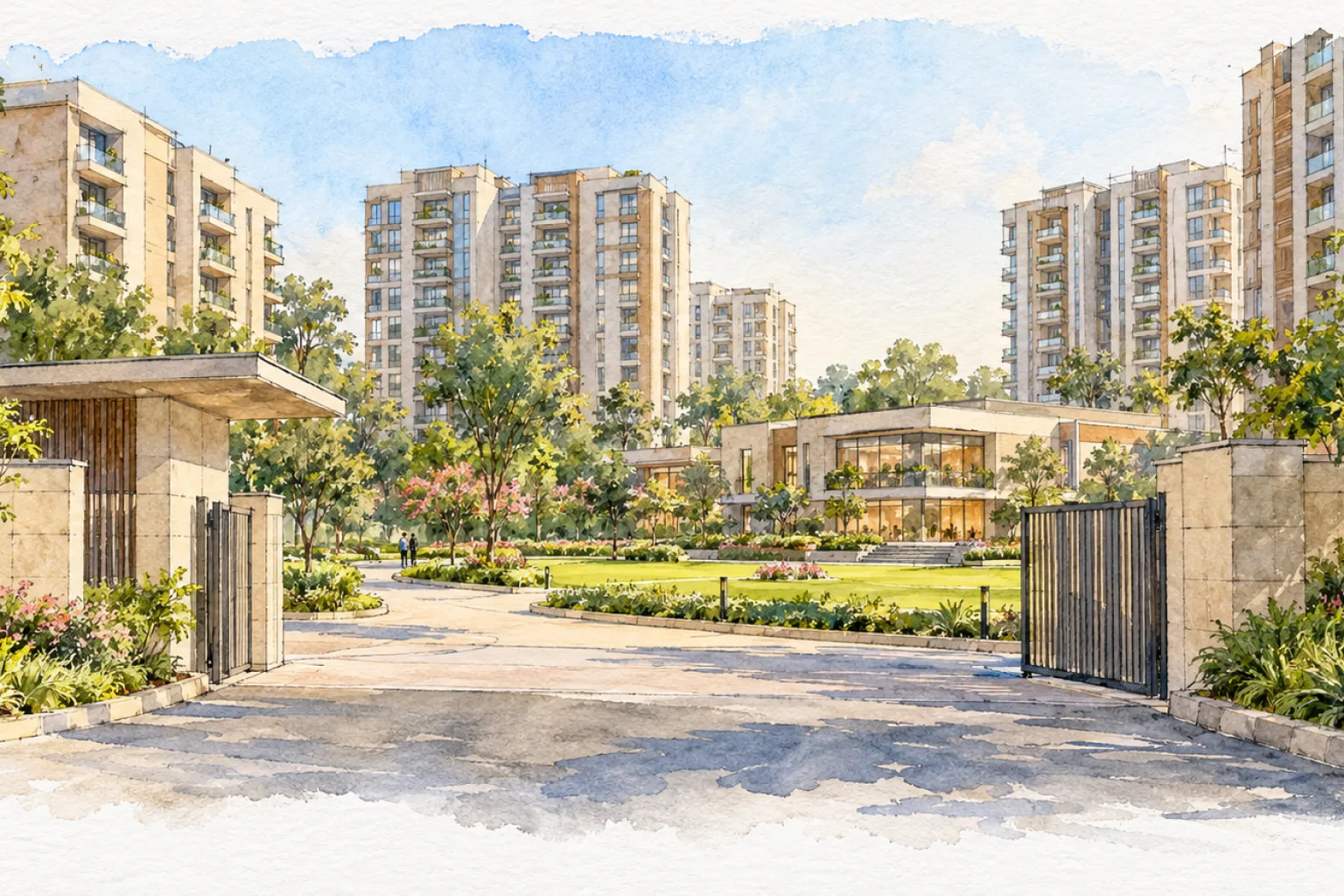 Watercolour illustration of DDA Narela Pocket 13 Sector A1-A4 (not the actual project)