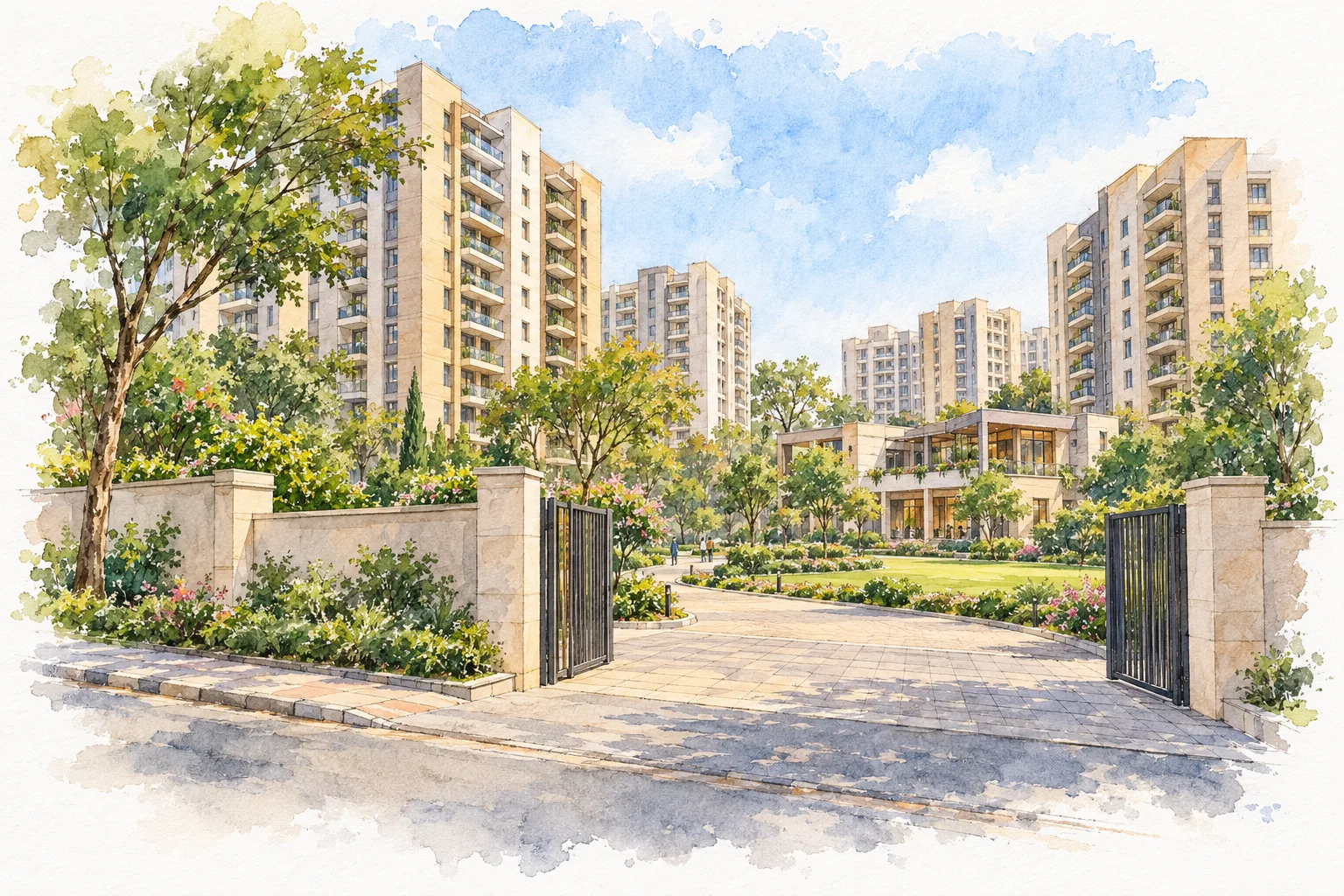 Watercolour illustration of DDA Narela Pocket 14 Sector A1-A4 (not the actual project)