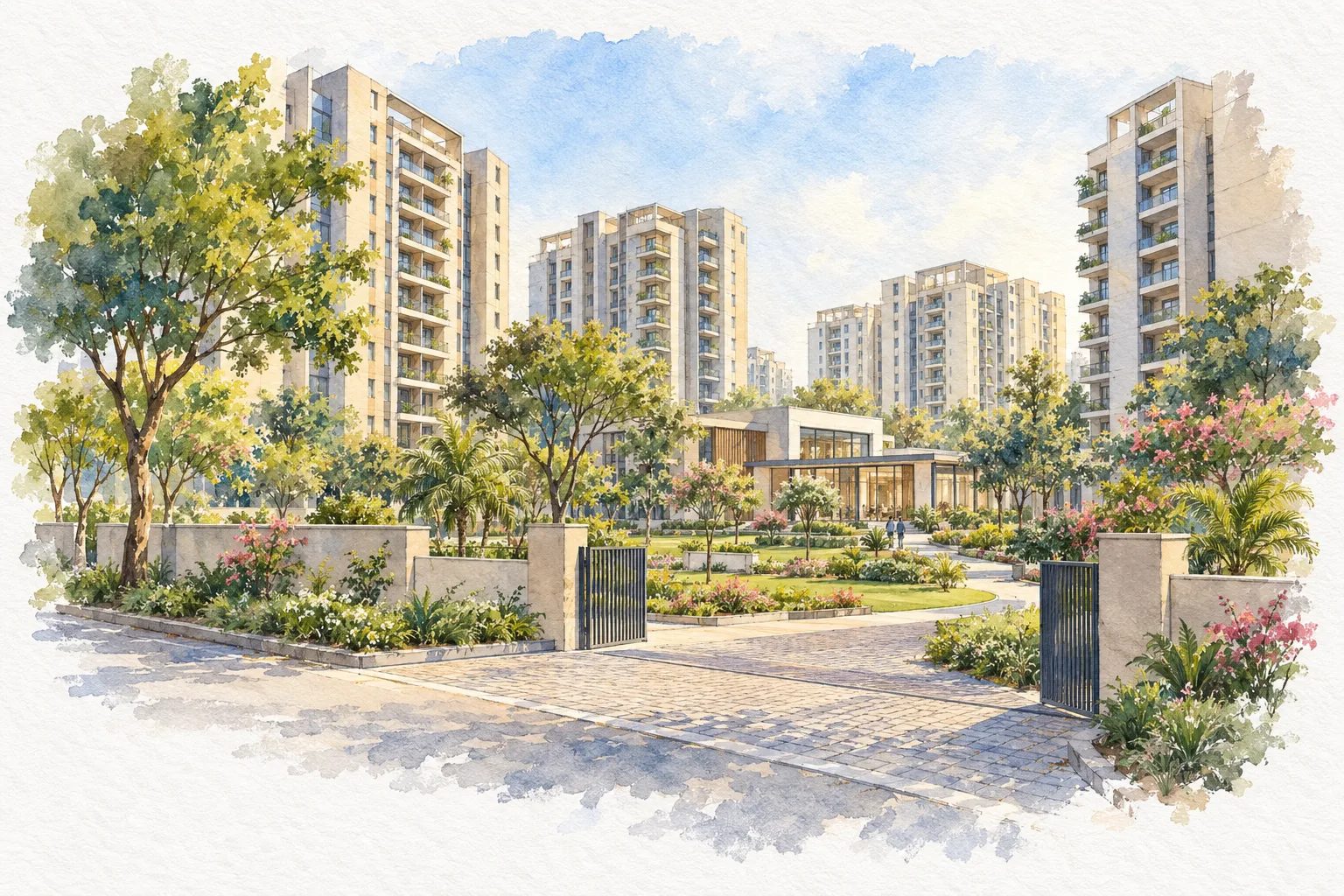 Watercolour illustration of DDA Narela Pocket 1A Sector A1-A4 (not the actual project)