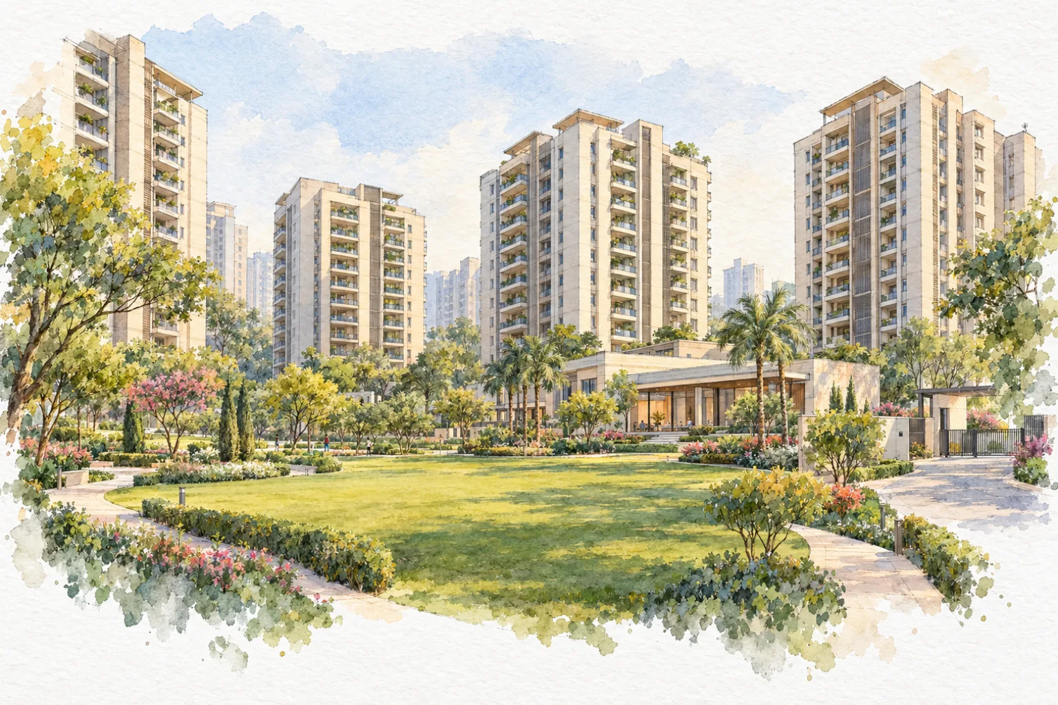Watercolour illustration of DDA Narela Pocket 1B Sector A1-A4 (not the actual project)
