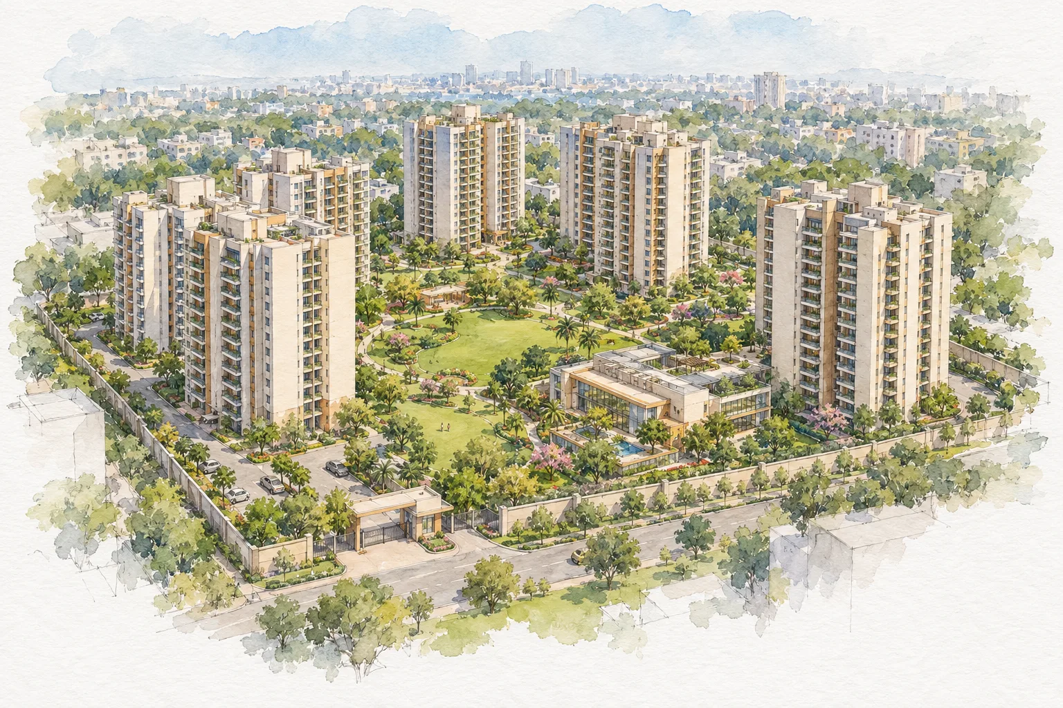Watercolour illustration of DDA Narela Pocket 1C Sector A1-A4 (not the actual project)