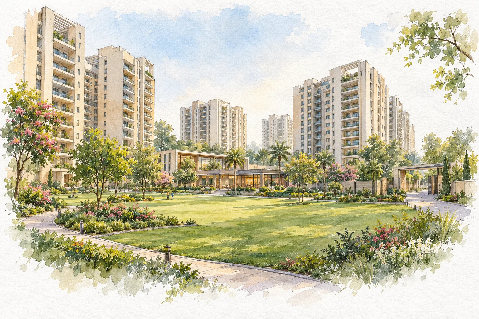 Watercolour illustration of DDA Narela Pocket 3 Sector A1-A4 (not the actual project)
