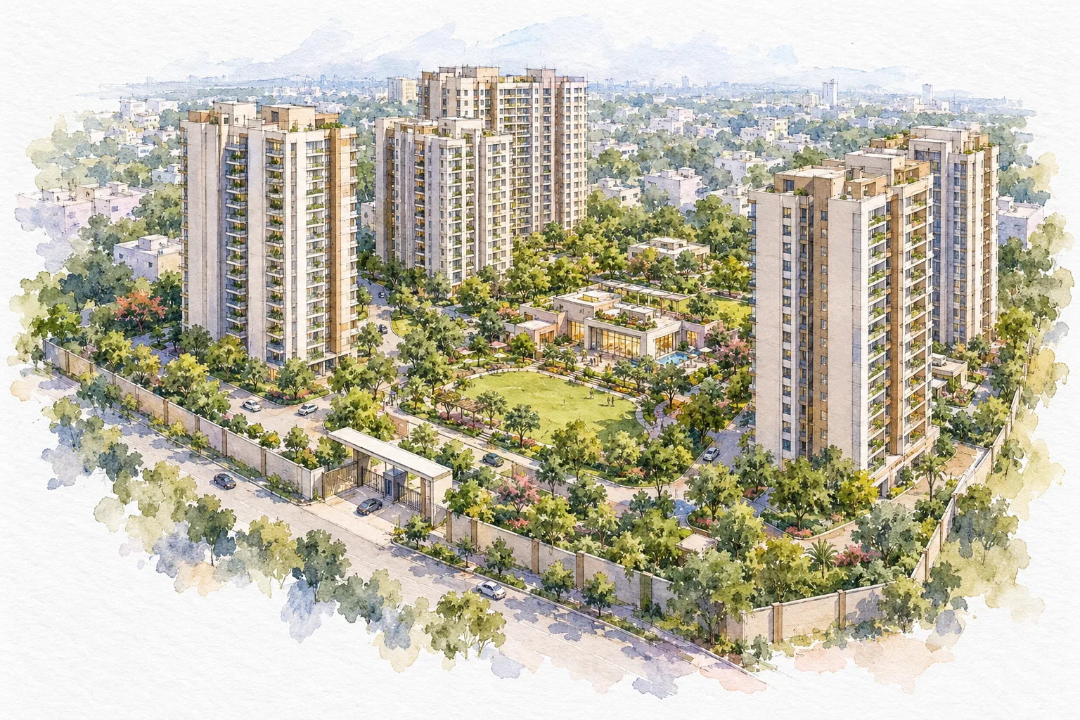 Watercolour illustration of DDA Narela Pocket 6 Sector A1-A4 (not the actual project)