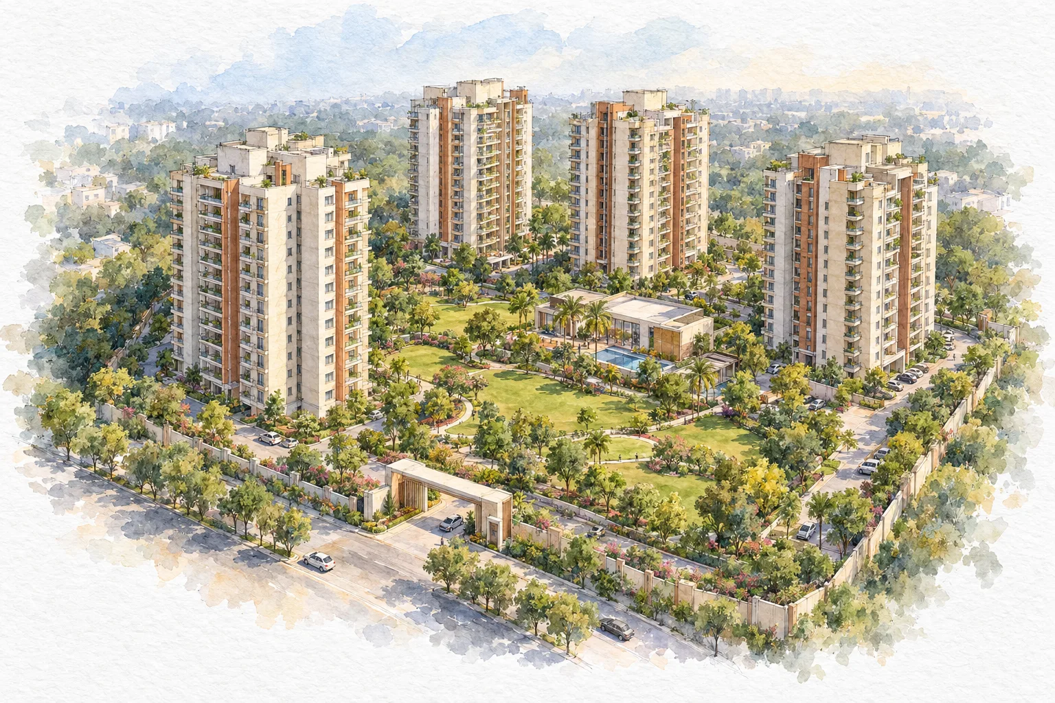 Watercolour illustration of DDA Narela Pocket 7 Sector A1-A4 (not the actual project)