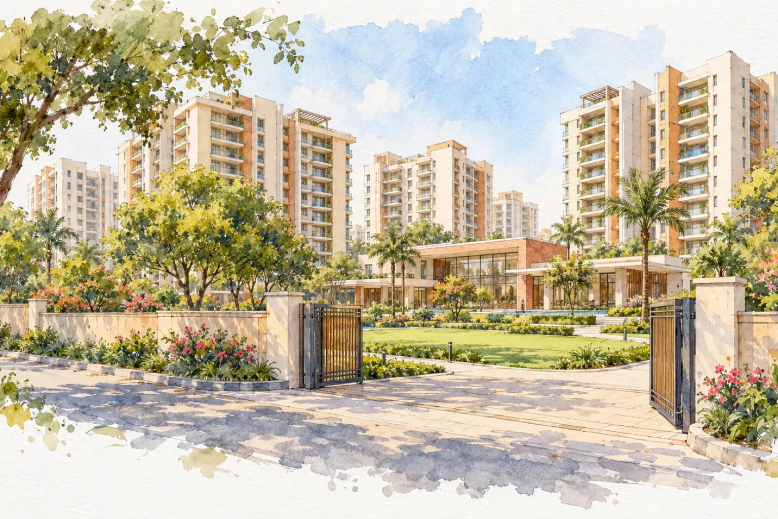 Watercolour illustration of DDA Narela Pocket 9 Sector A1-A4 (not the actual project)