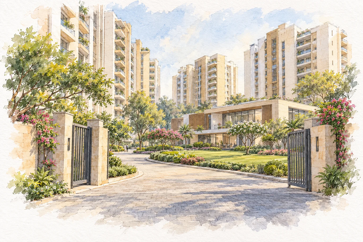 Watercolour illustration of DDA Narela Sector G2-G6 LIG Housing (not the actual project)
