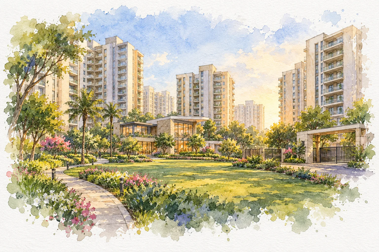 Watercolour illustration of DDA Narela Sector G7/G8 Pocket 11 (not the actual project)