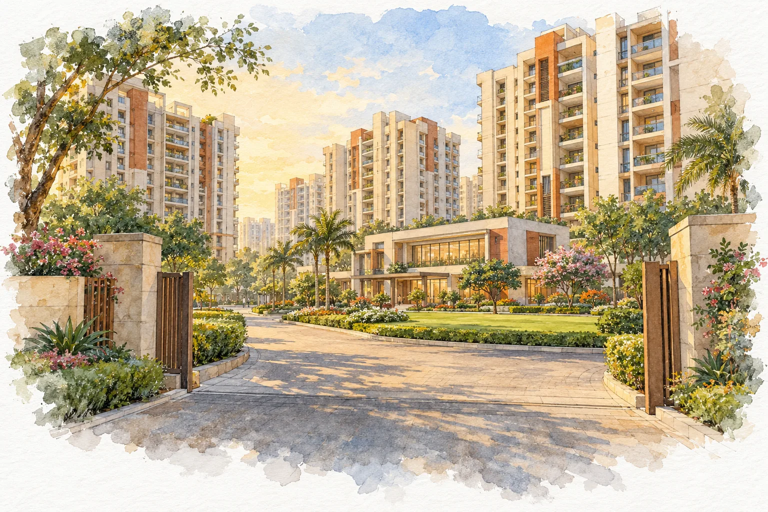 Watercolour illustration of DDA Rohini Sector 34 and 35 LIG Flats (not the actual project)