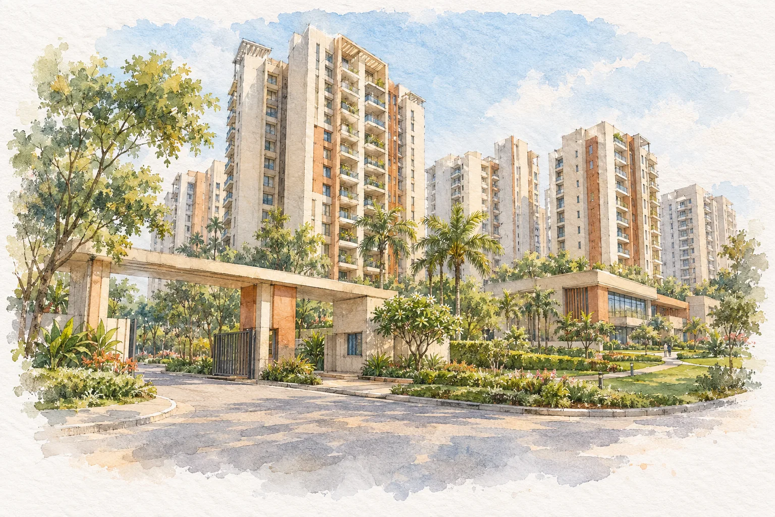 Watercolour illustration of DDA Siraspur LIG Flats (not the actual project)