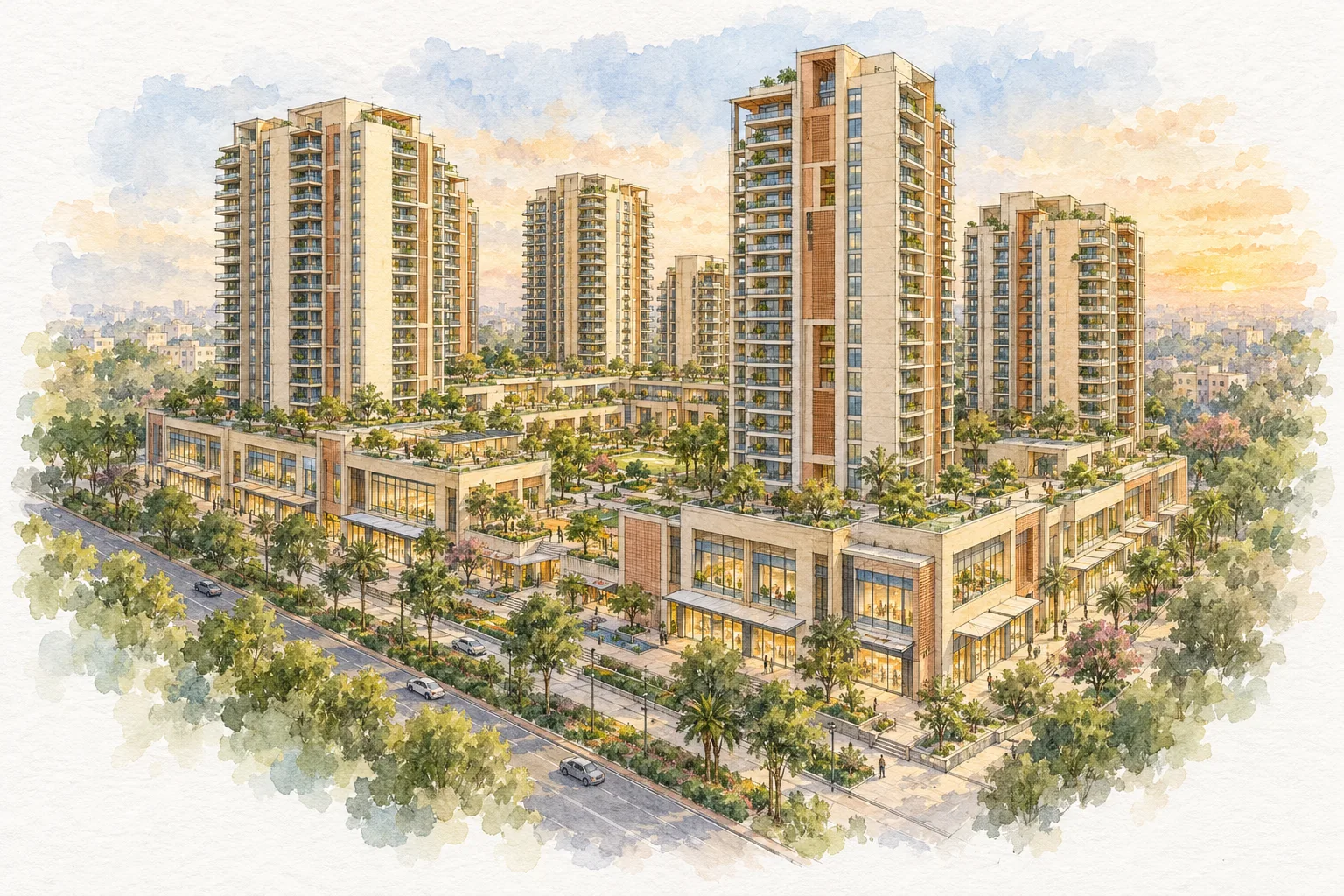 Watercolour illustration of DDA Towering Heights Karkardooma (not the actual project)
