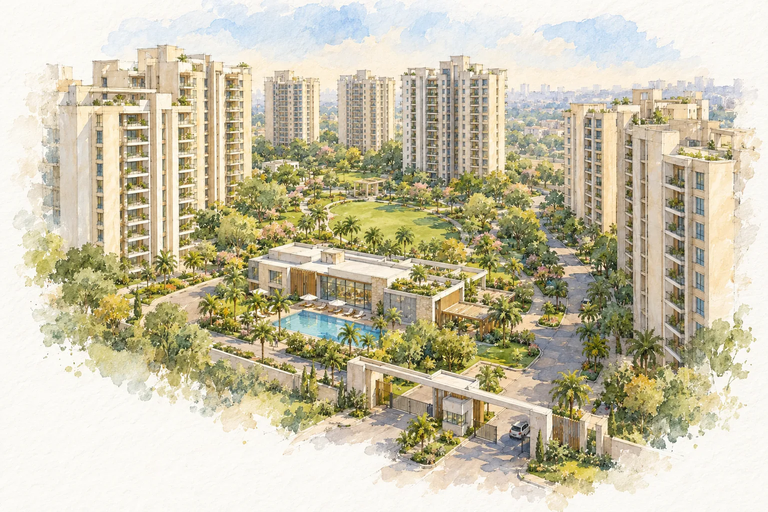 Watercolour illustration of DDA Vasant Kunj Sultangarhi Housing (not the actual project)