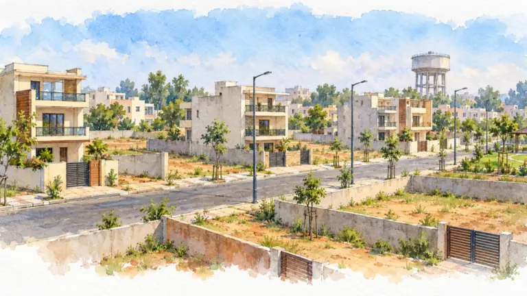 Watercolour illustration of a new plotted colony with finished homes and empty plots