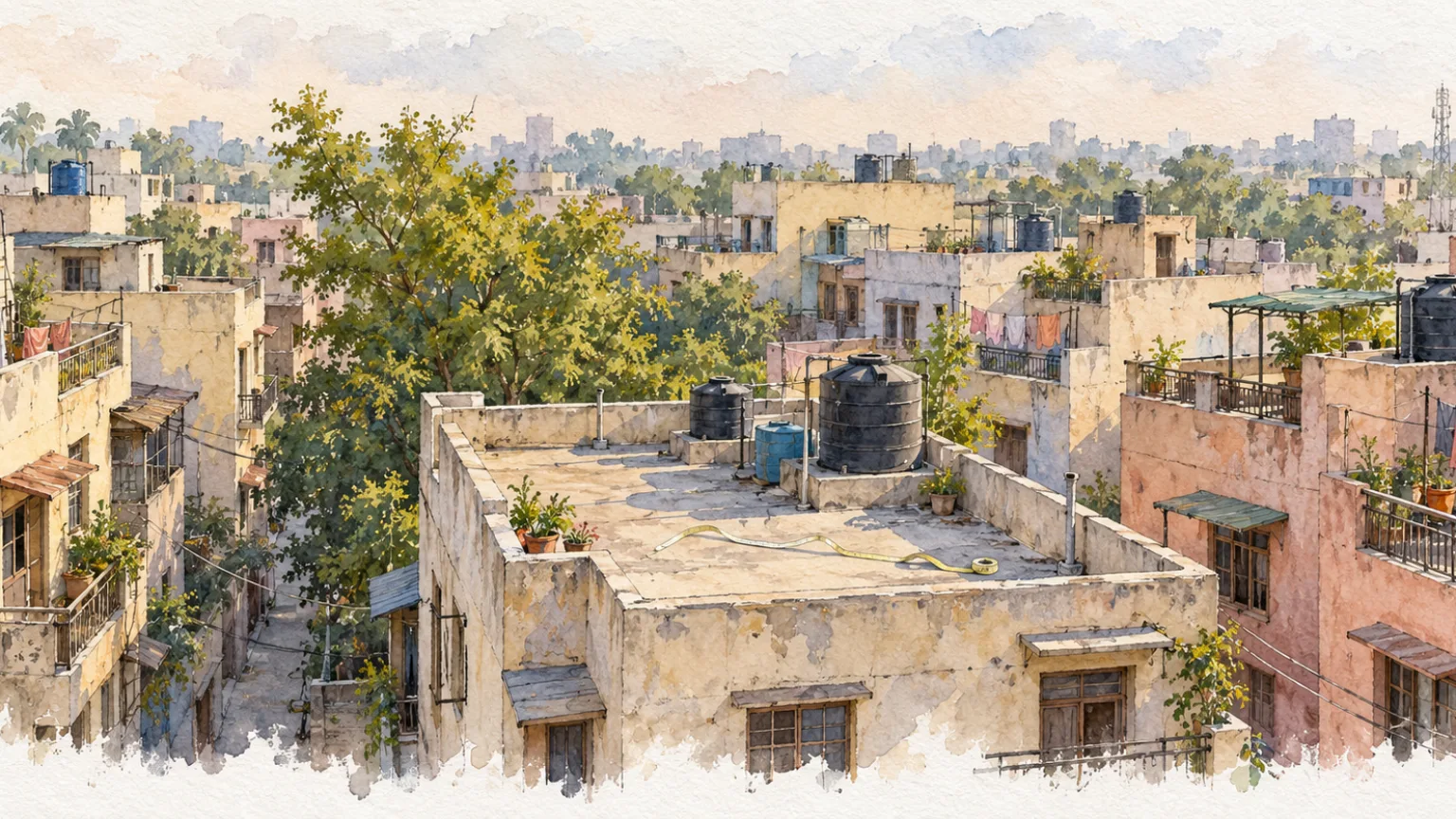 Watercolour illustration of Delhi builder floor rooftops with water tanks and a measuring tape