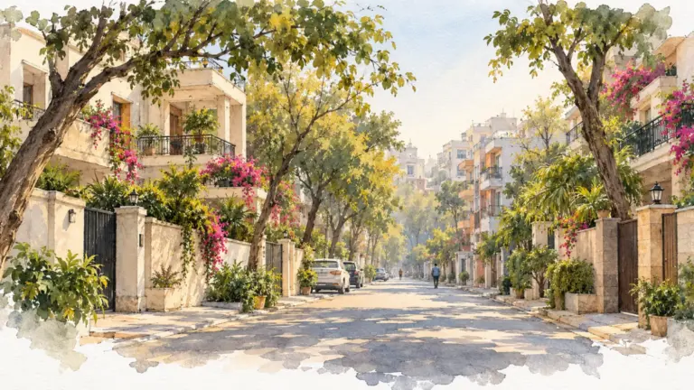 Watercolour illustration of a lane of Delhi bungalows leading to denser builder floors