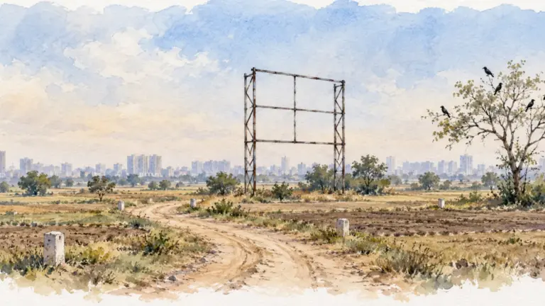 Watercolour illustration of fringe farmland with boundary markers and a blank hoarding frame