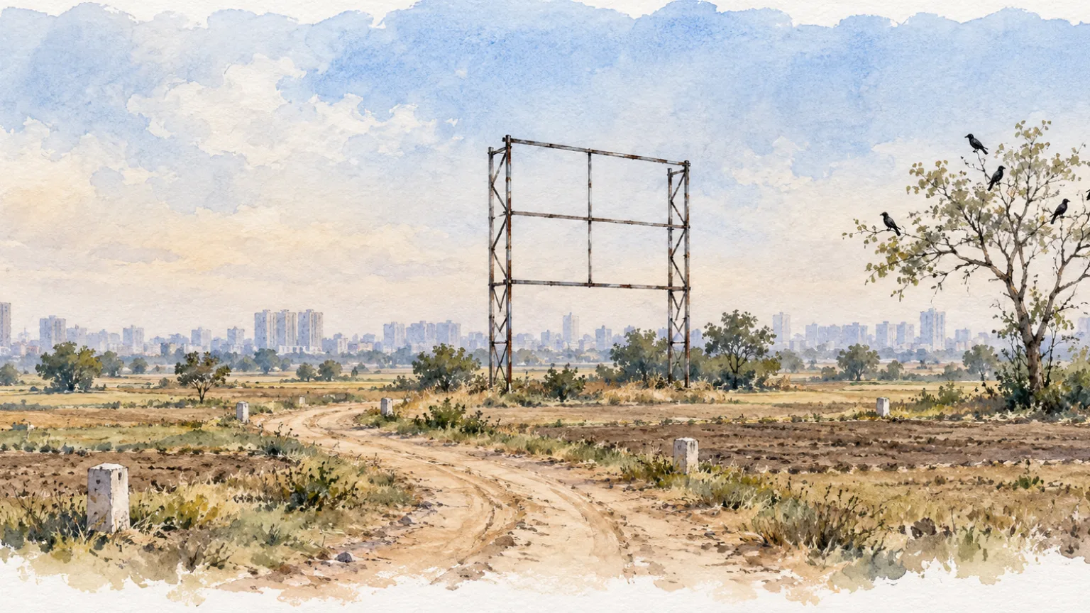 Watercolour illustration of fringe farmland with boundary markers and a blank hoarding frame