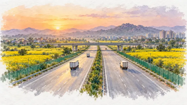 Watercolour illustration of a new expressway at dawn through fields toward low hills