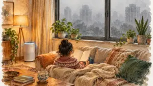 Watercolour illustration of a living room with an air purifier and smog outside the windows