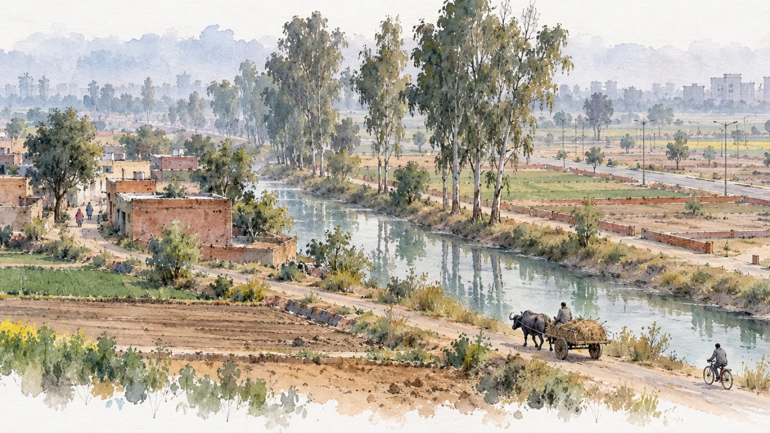 Watercolour illustration of village houses and new plots across farmland in Devru, Sonipat