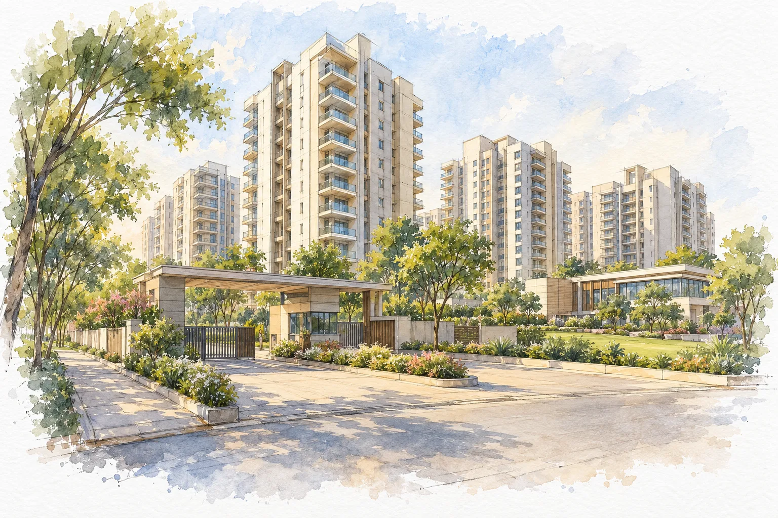 Watercolour illustration of DLF Beverly Park I (not the actual project)
