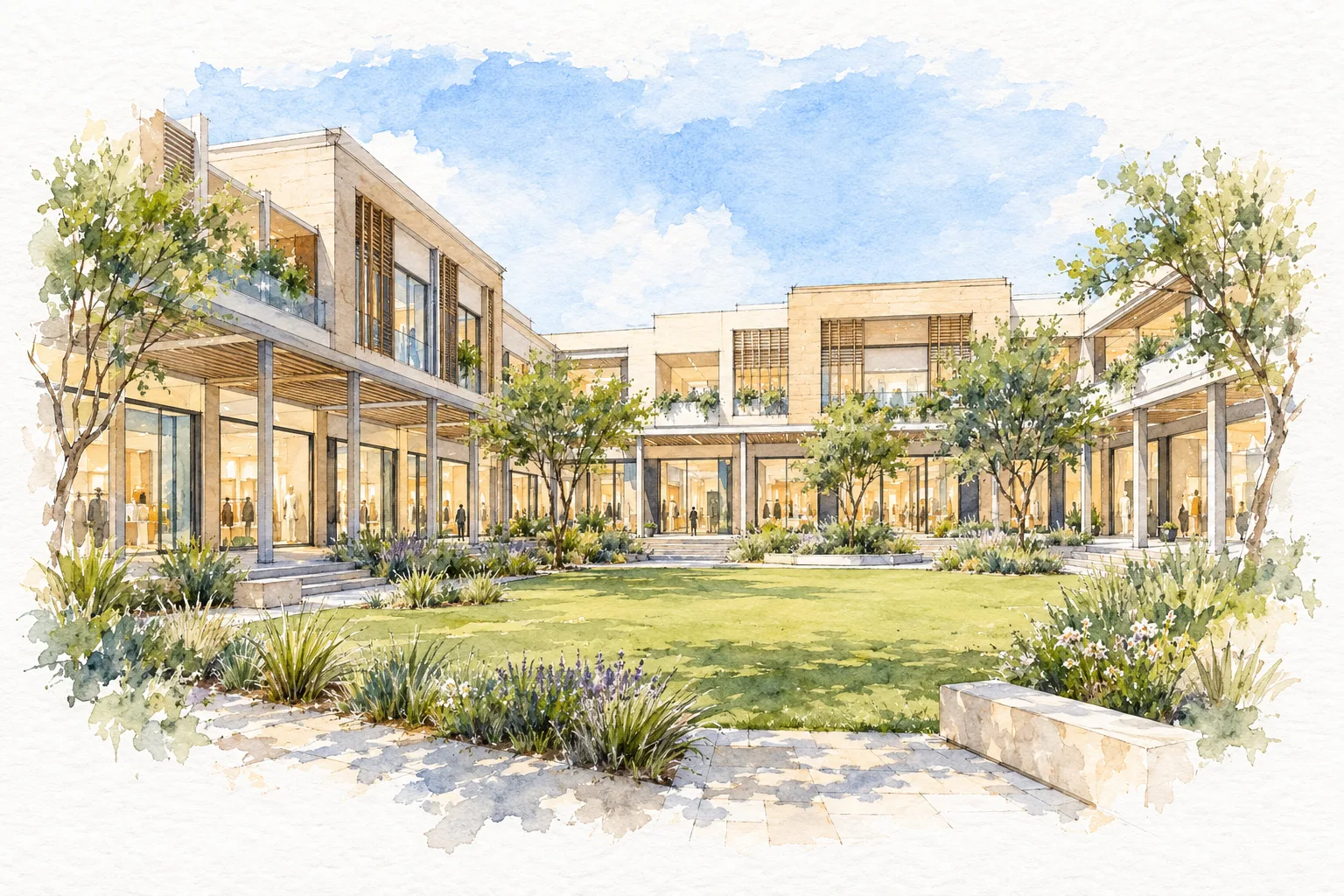 Watercolour illustration of DLF Club Arcade (not the actual project)