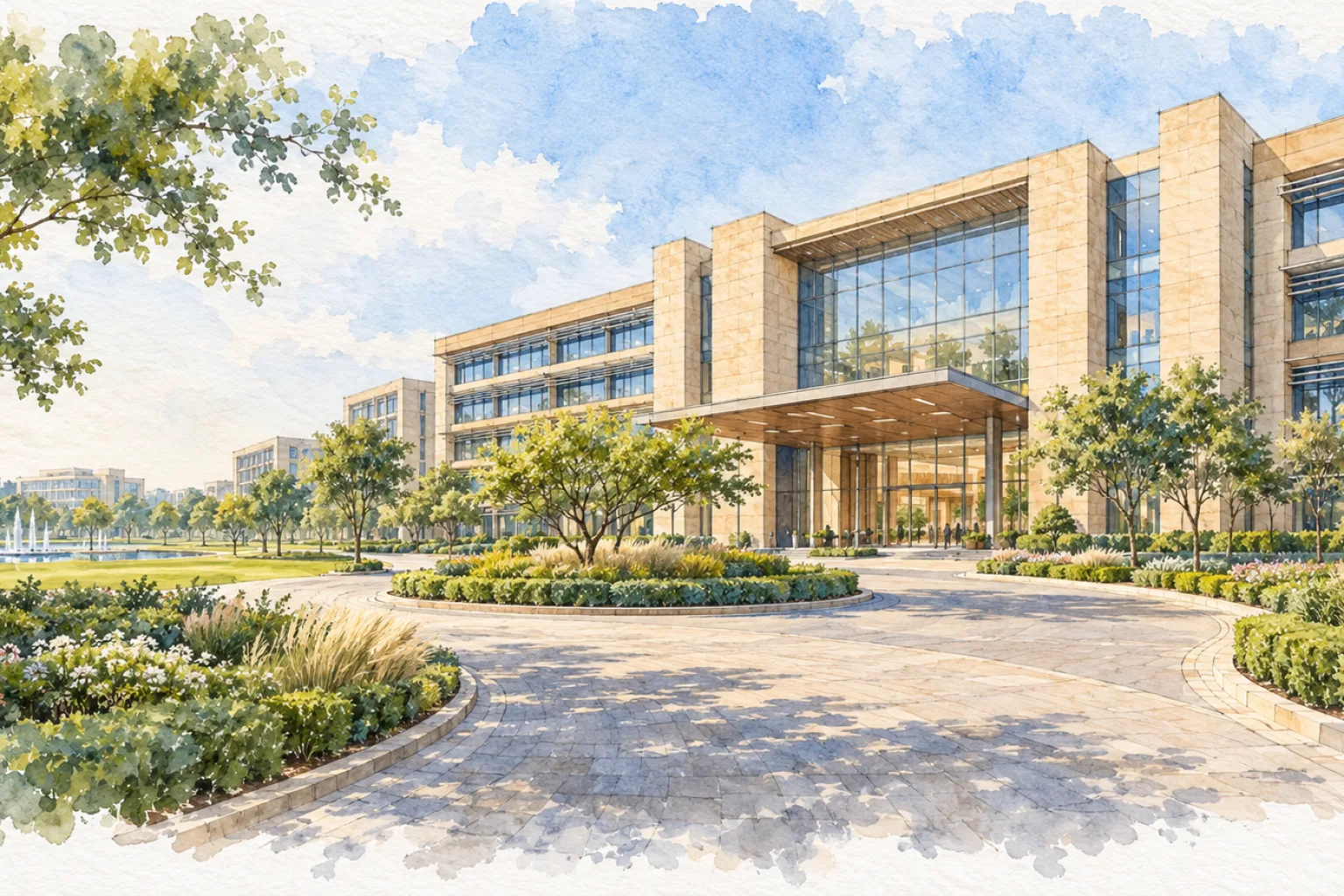 Watercolour illustration of DLF Cyber City (not the actual project)