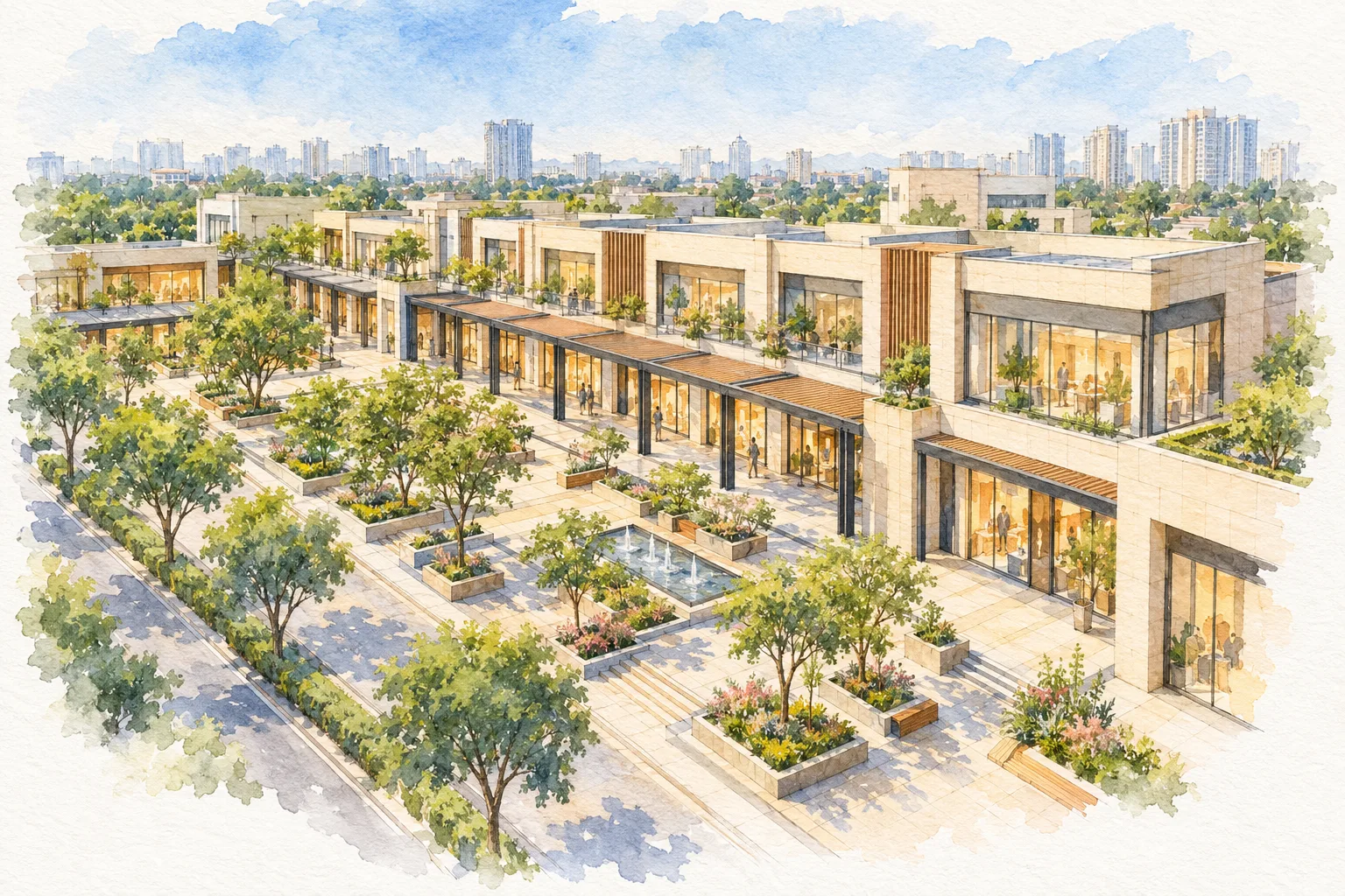 Watercolour illustration of DLF CyberHub (not the actual project)