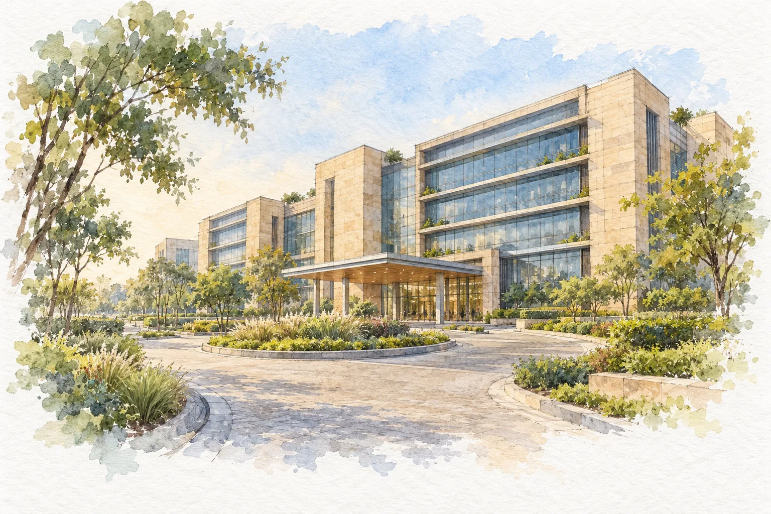 Watercolour illustration of DLF CyberPark (not the actual project)
