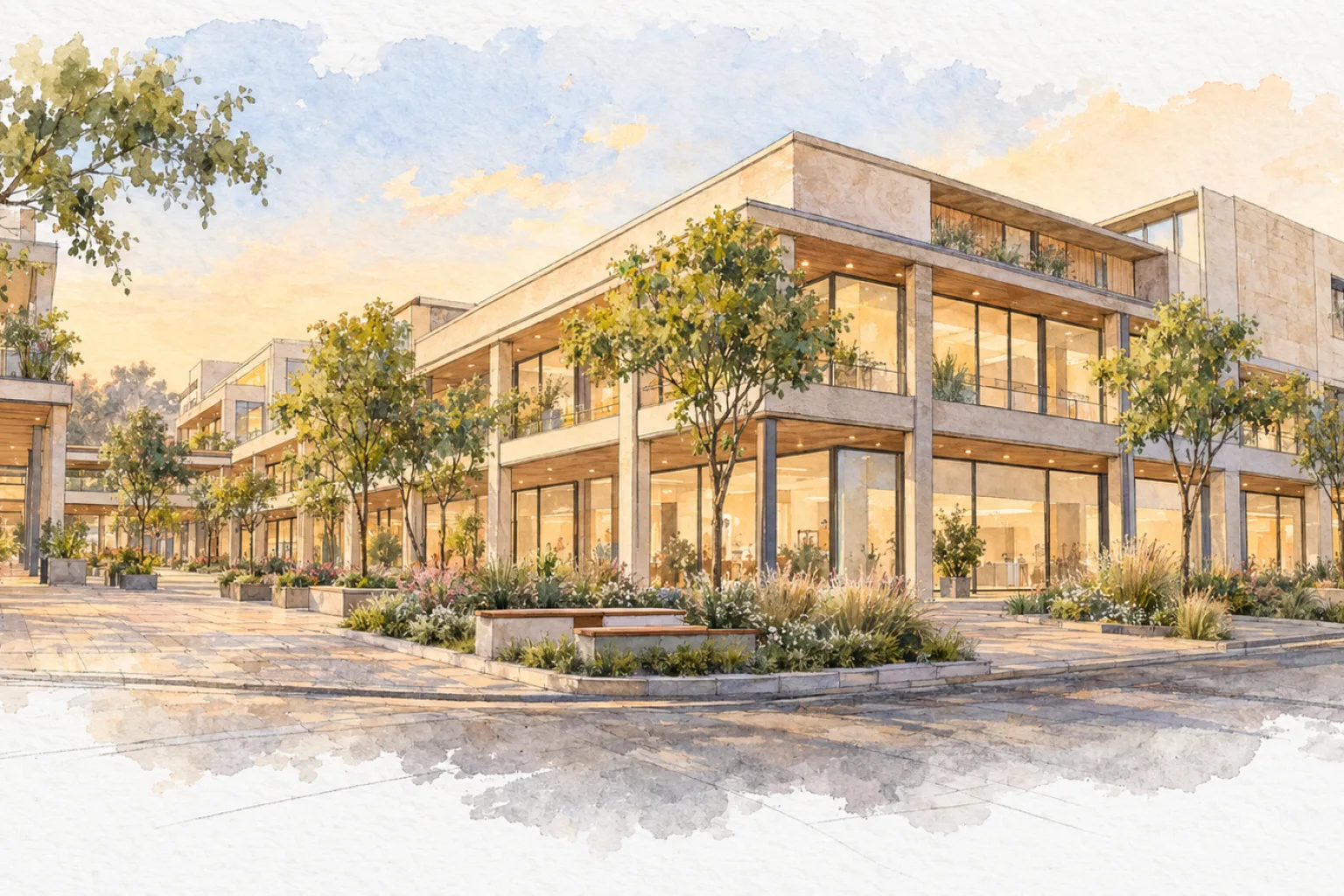 Watercolour illustration of DLF Gardencity Arcade (not the actual project)