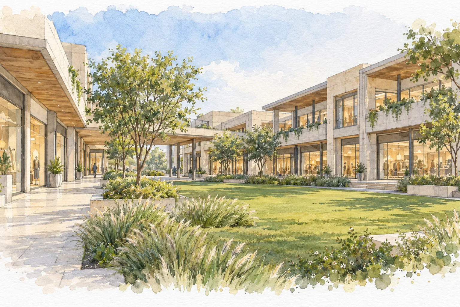 Watercolour illustration of DLF Grand Mall (not the actual project)