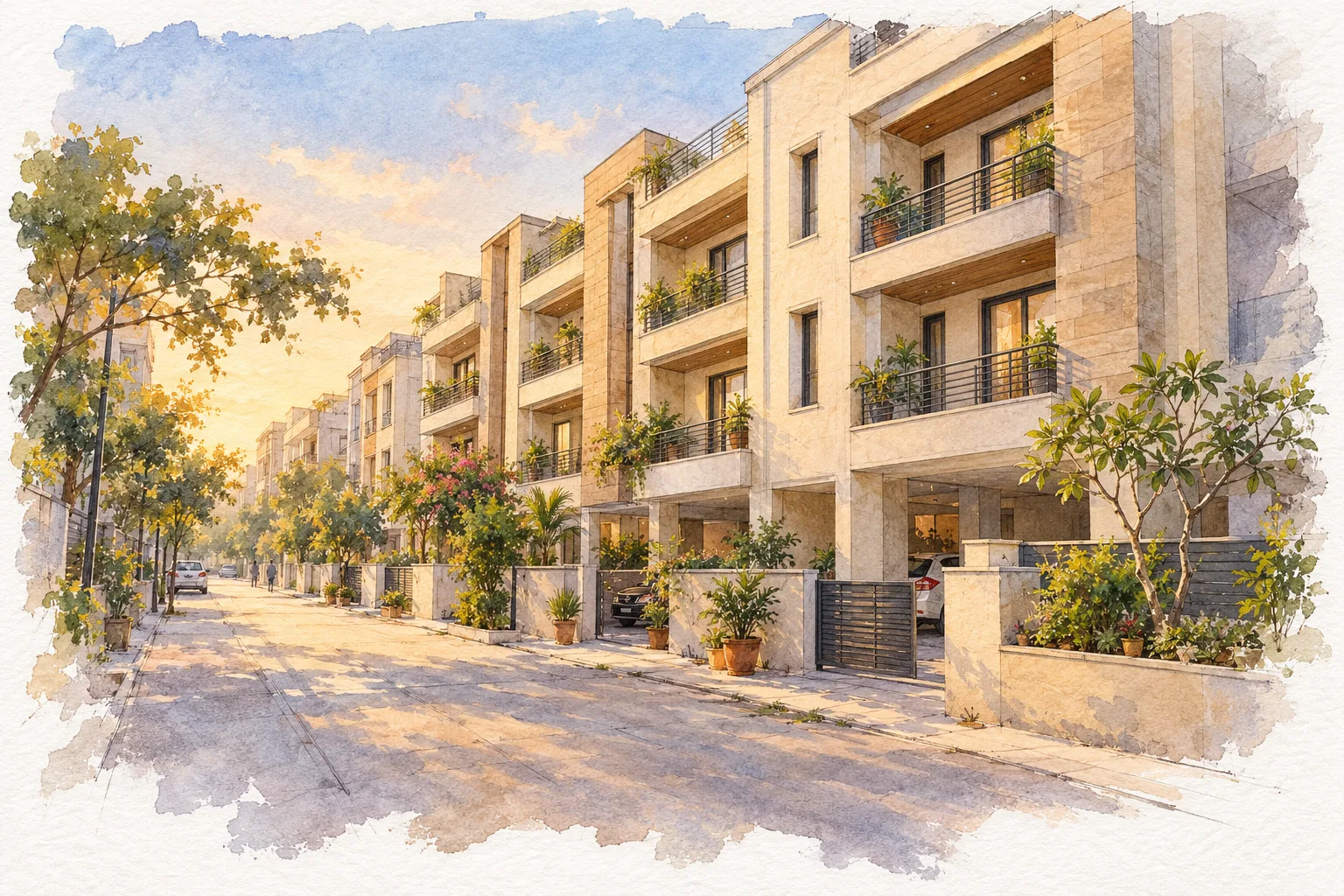 Watercolour illustration of DLF Independent Floors DLF City Phase 3 (not the actual project)